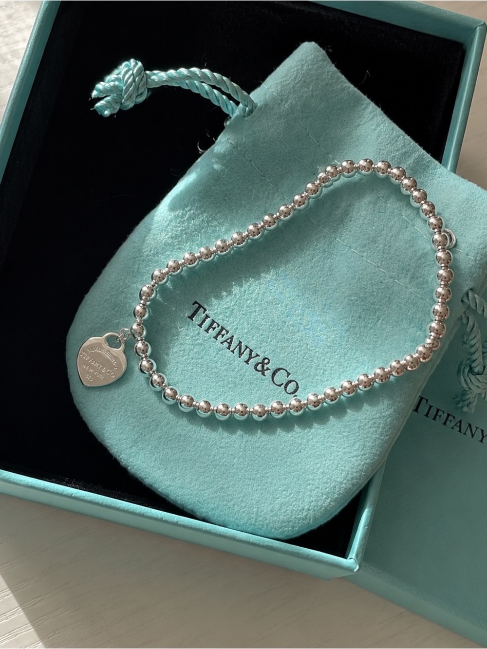 Tiffany & Co. Sterling Silver Bead Bracelet with Heart Tag - Blue Green Pouch